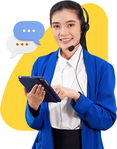 A customer-service representative with a headset and an iPad.